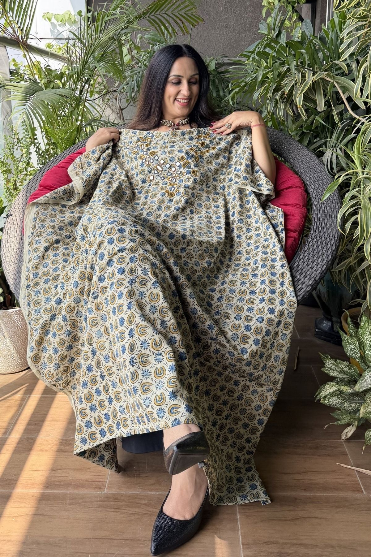 Handblocked pure cotton kurta with Kutch mirror work embroidery!!
