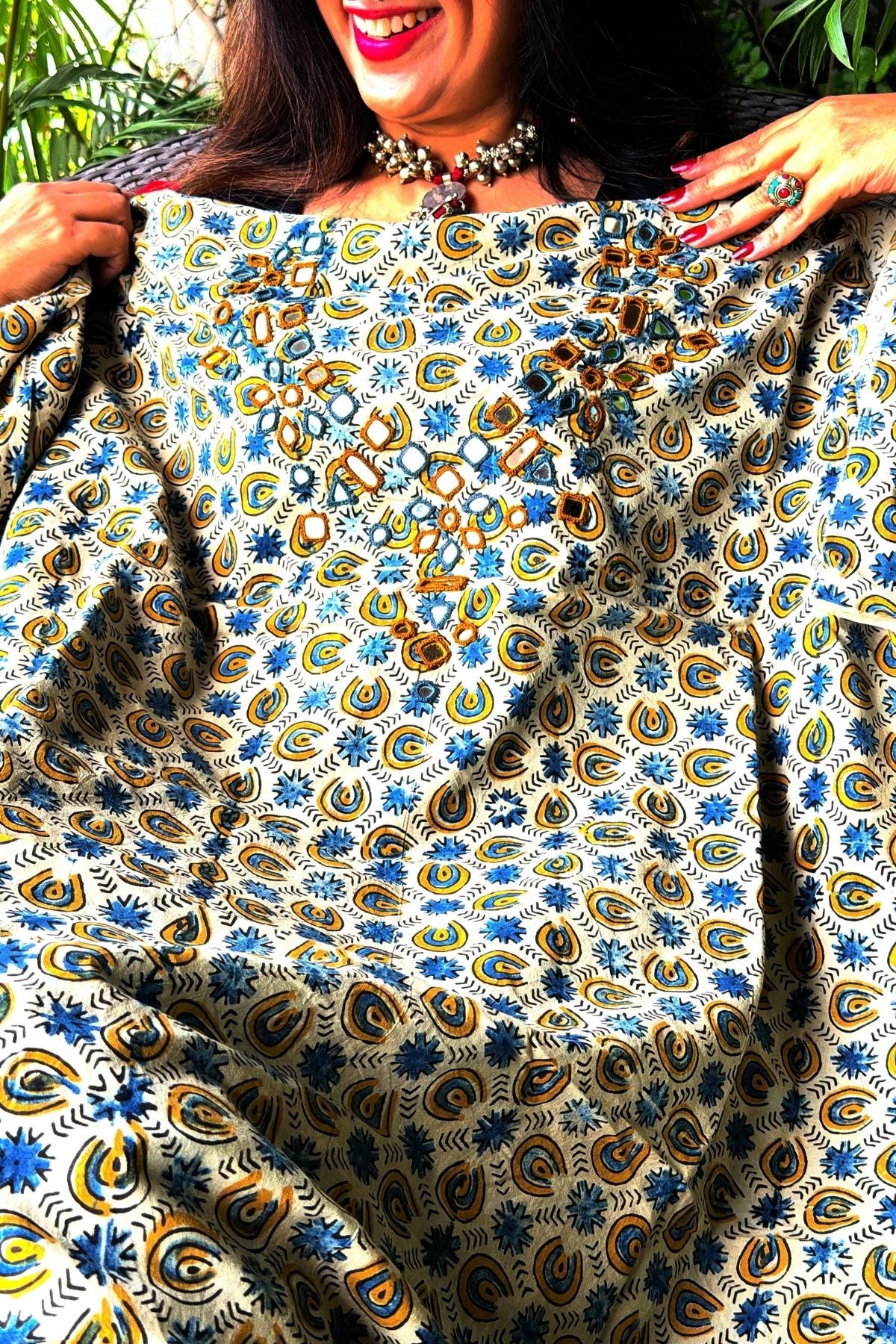 Handblocked pure cotton kurta with Kutch mirror work embroidery!!