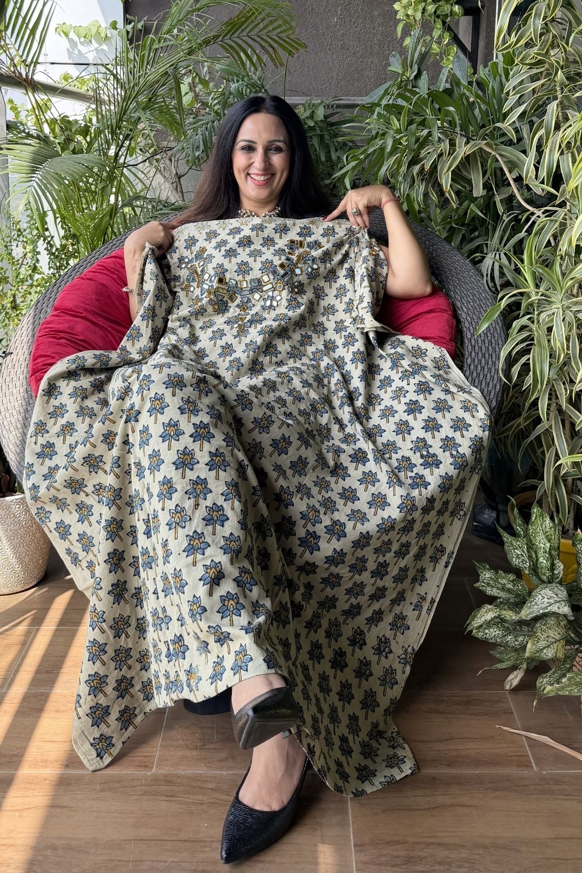 Handblocked pure cotton kurta with Kutch mirror work embroidery!!