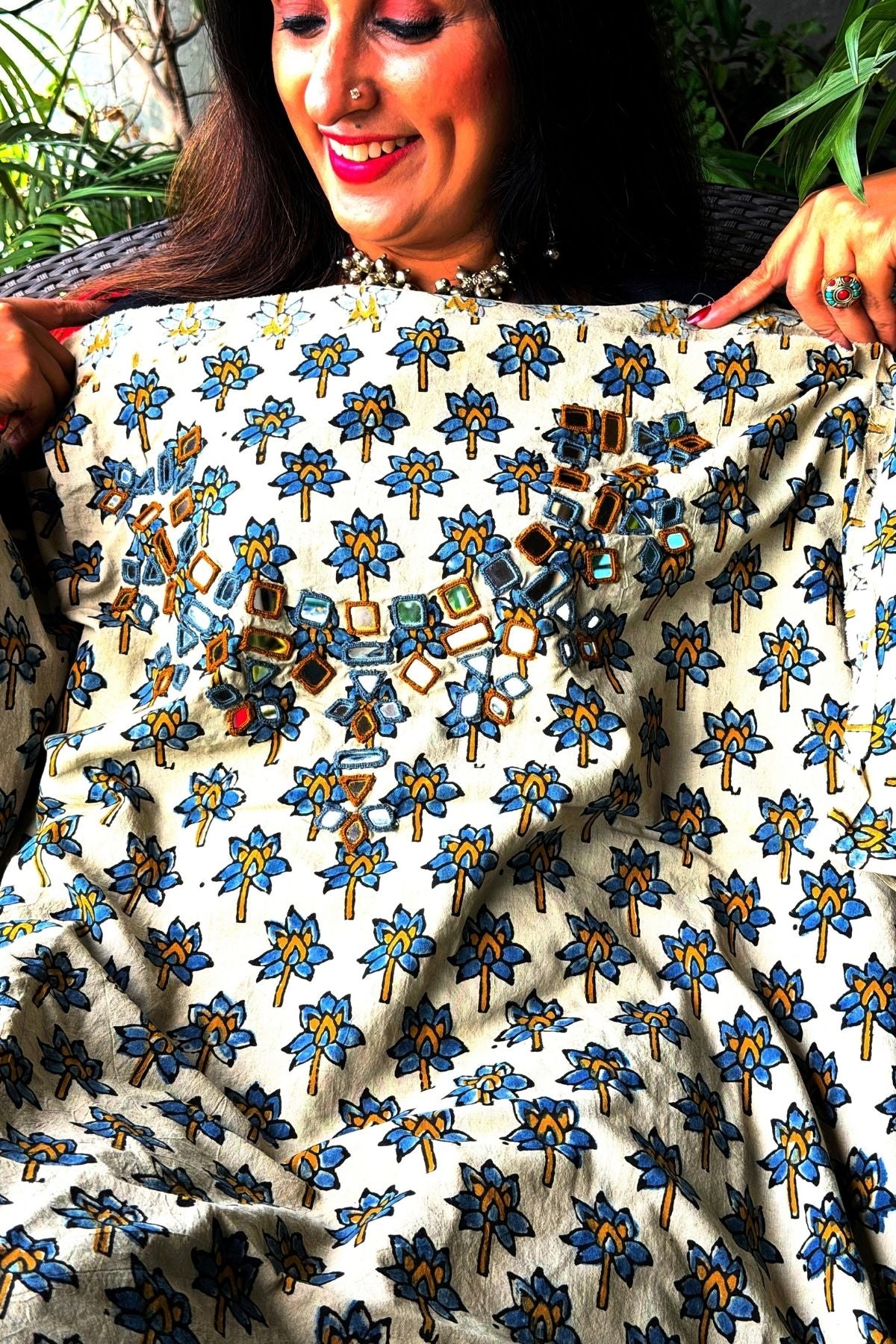 Handblocked pure cotton kurta with Kutch mirror work embroidery!!