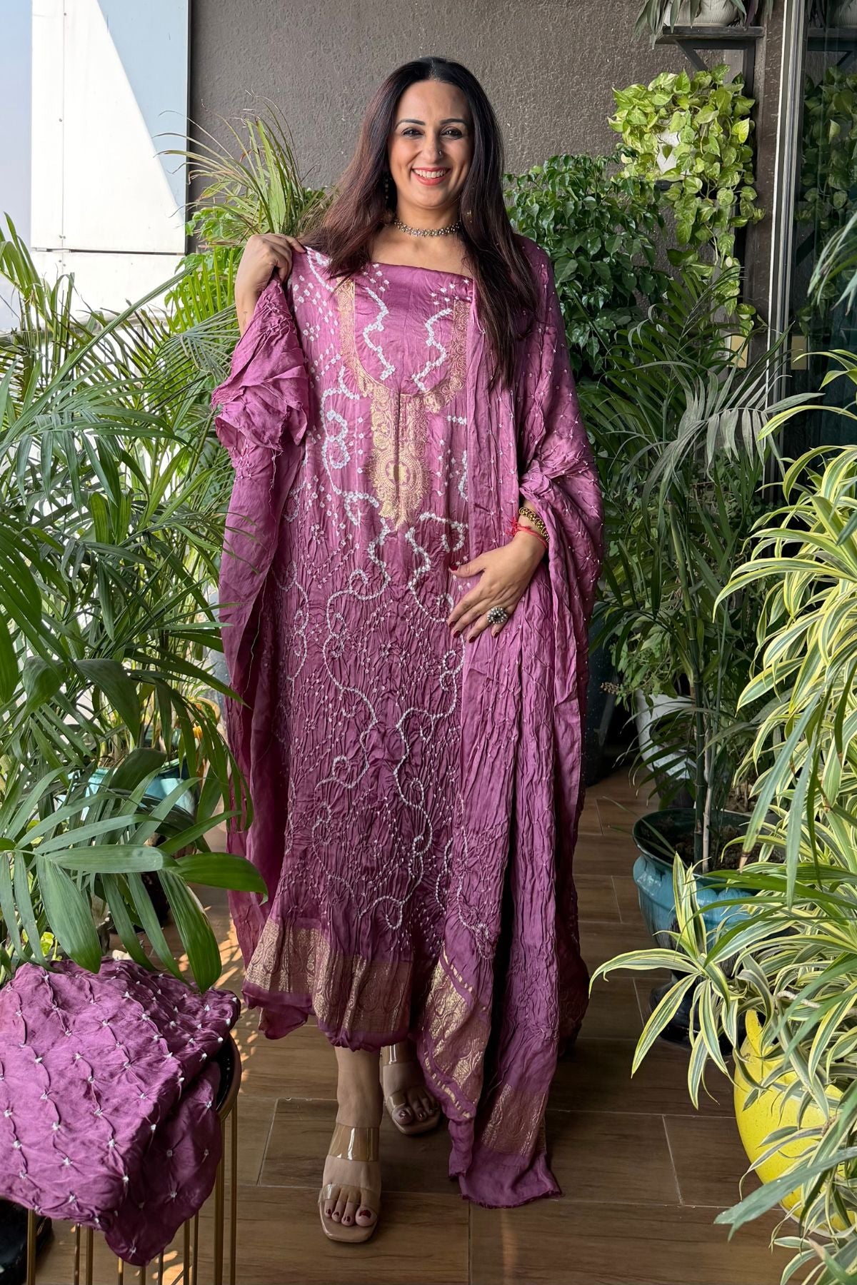 Pure modal silk full set with hand done bandhani and zari weaving!!