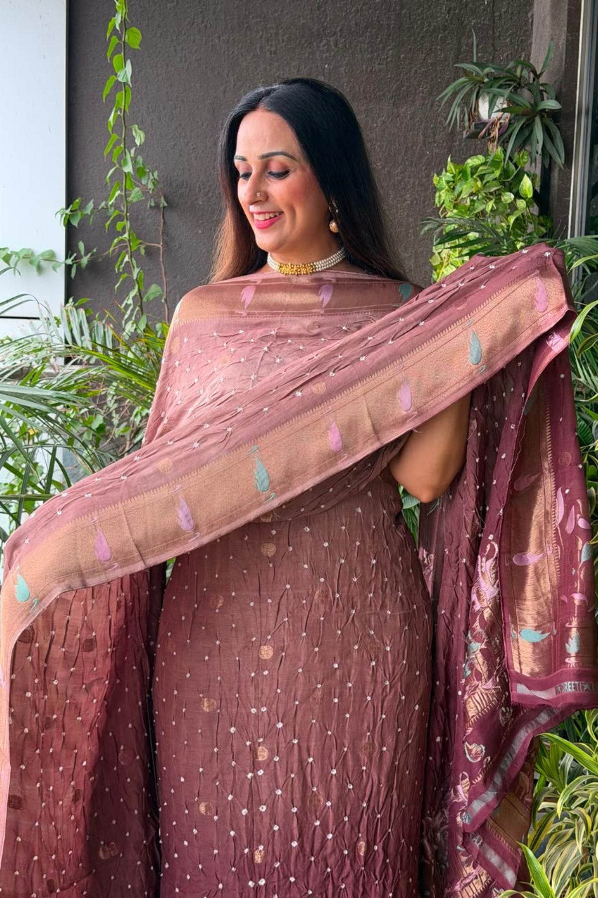 Pure modal silk full set with hand done bandhani and zari weaving!!