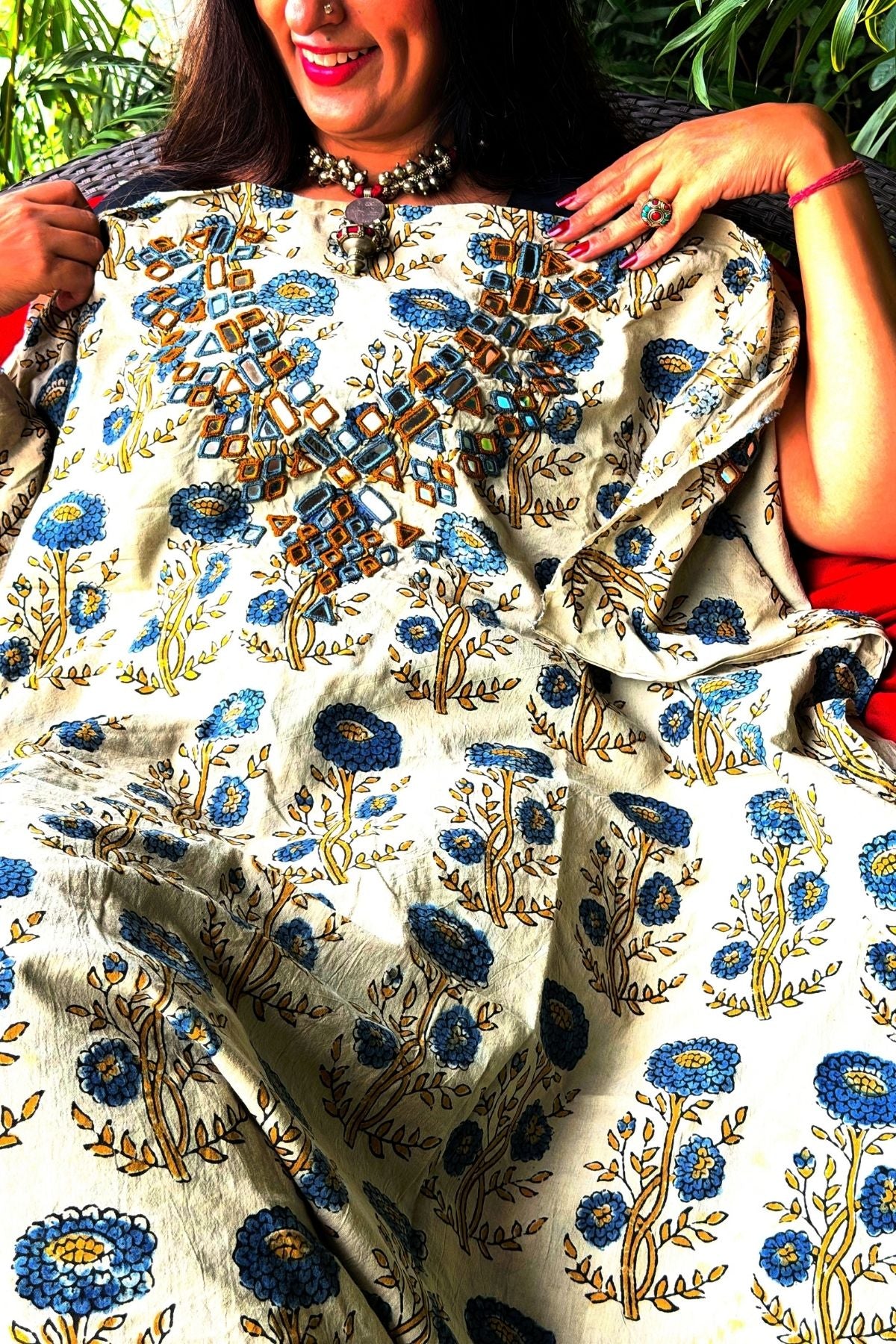 Handblocked pure cotton kurta with Kutch mirror work embroidery!!