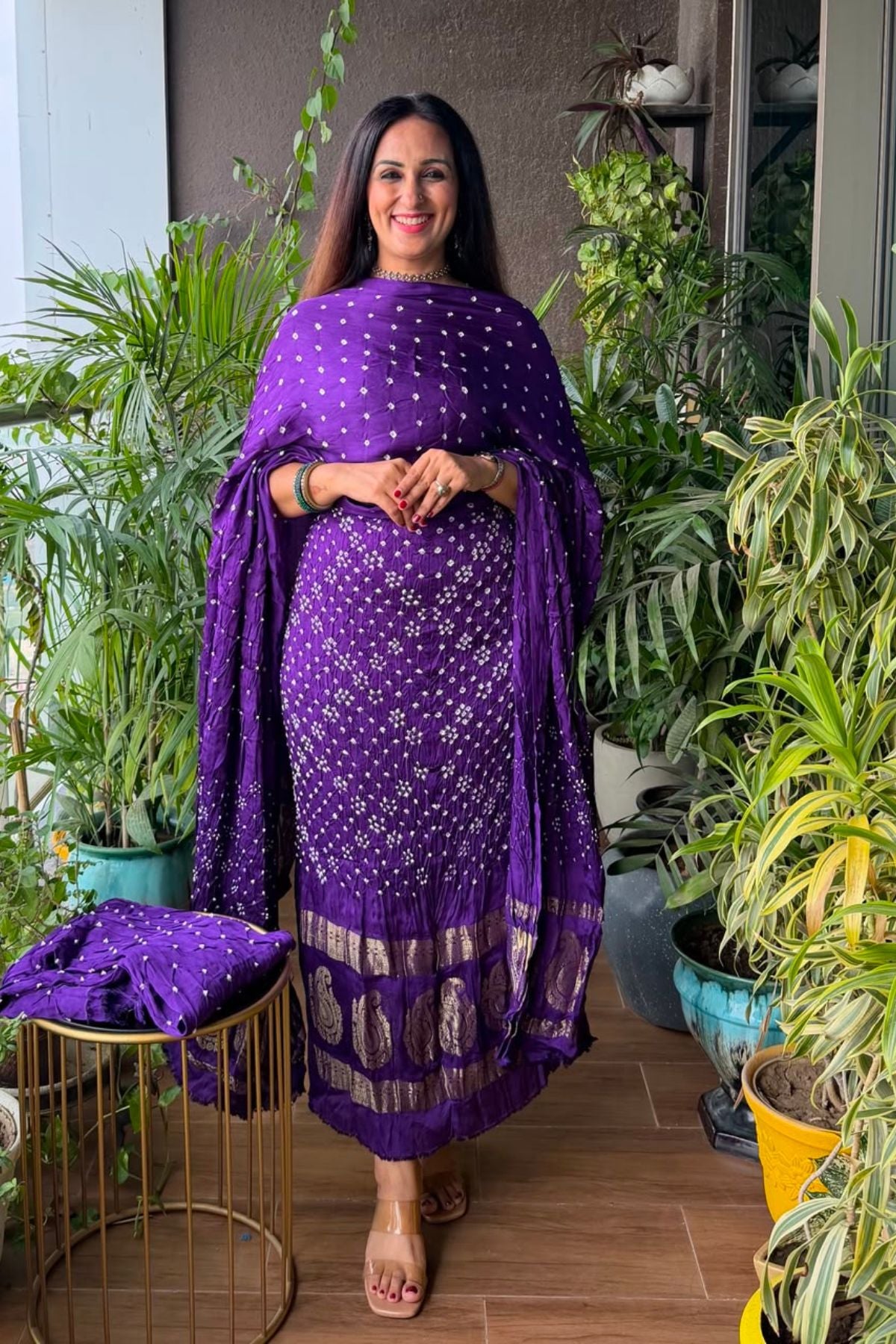 Pure modal silk full set with hand done bandhani and zari weaving!!