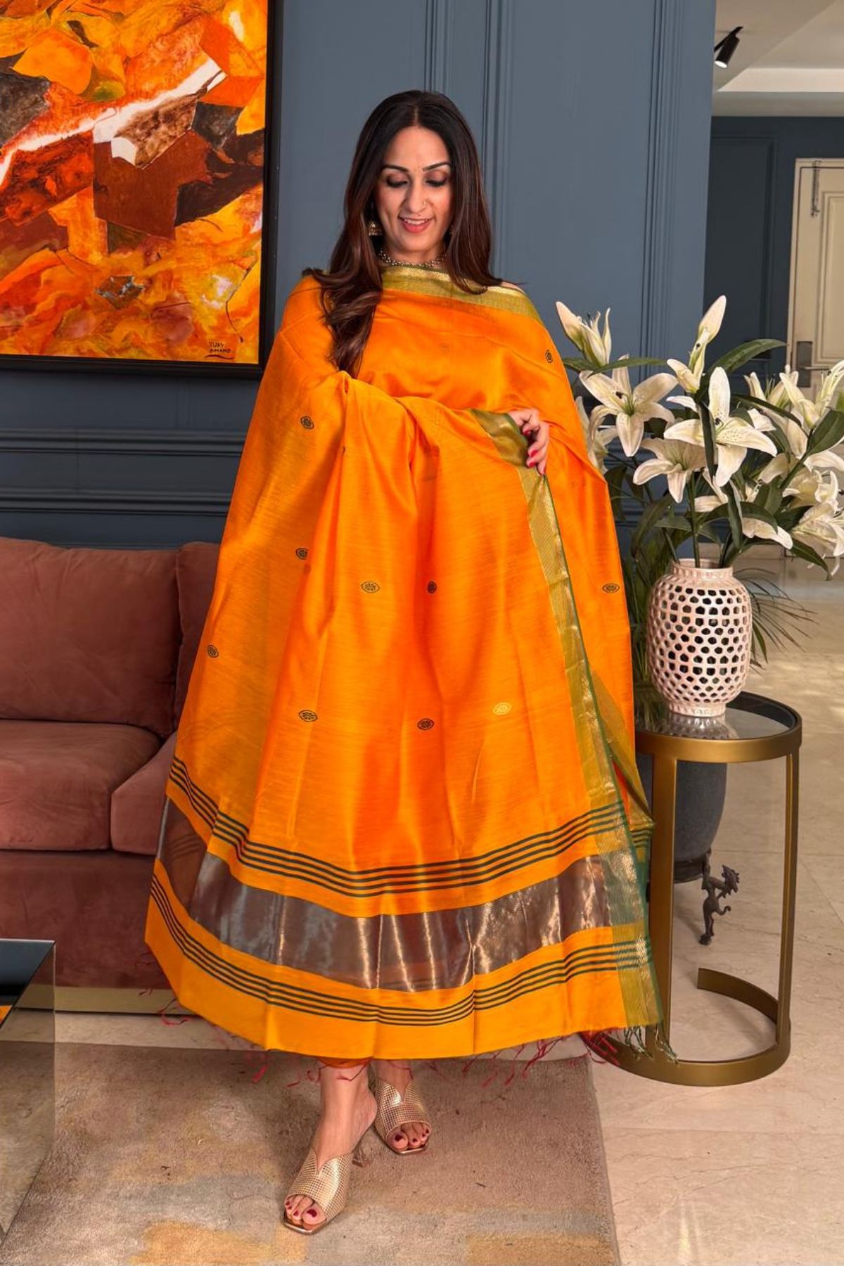 Handwoven Maheshwari silk kurta dupatta set
