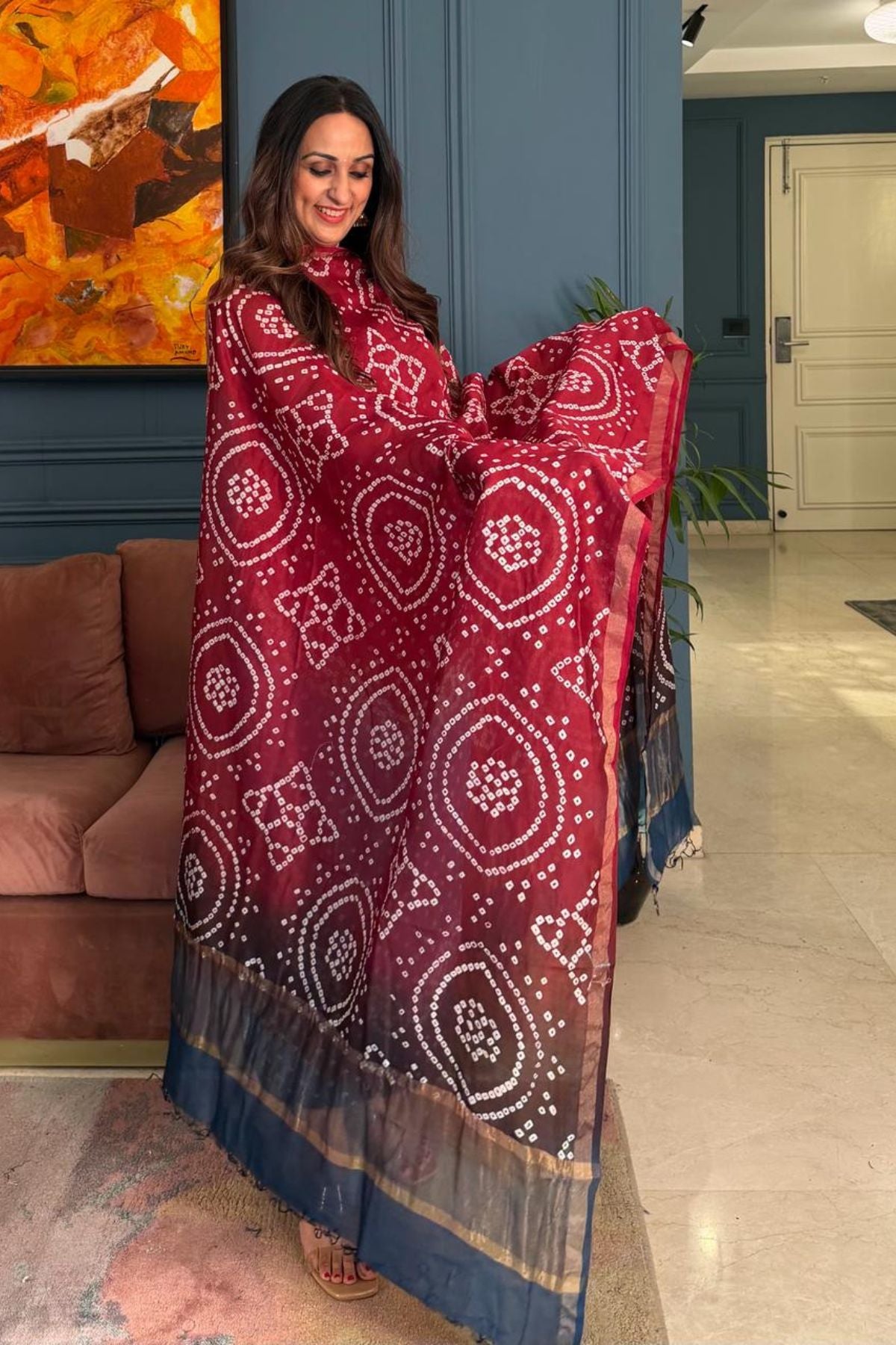 Bandhani kurta dupatta set on shaded Chanderi silk!!