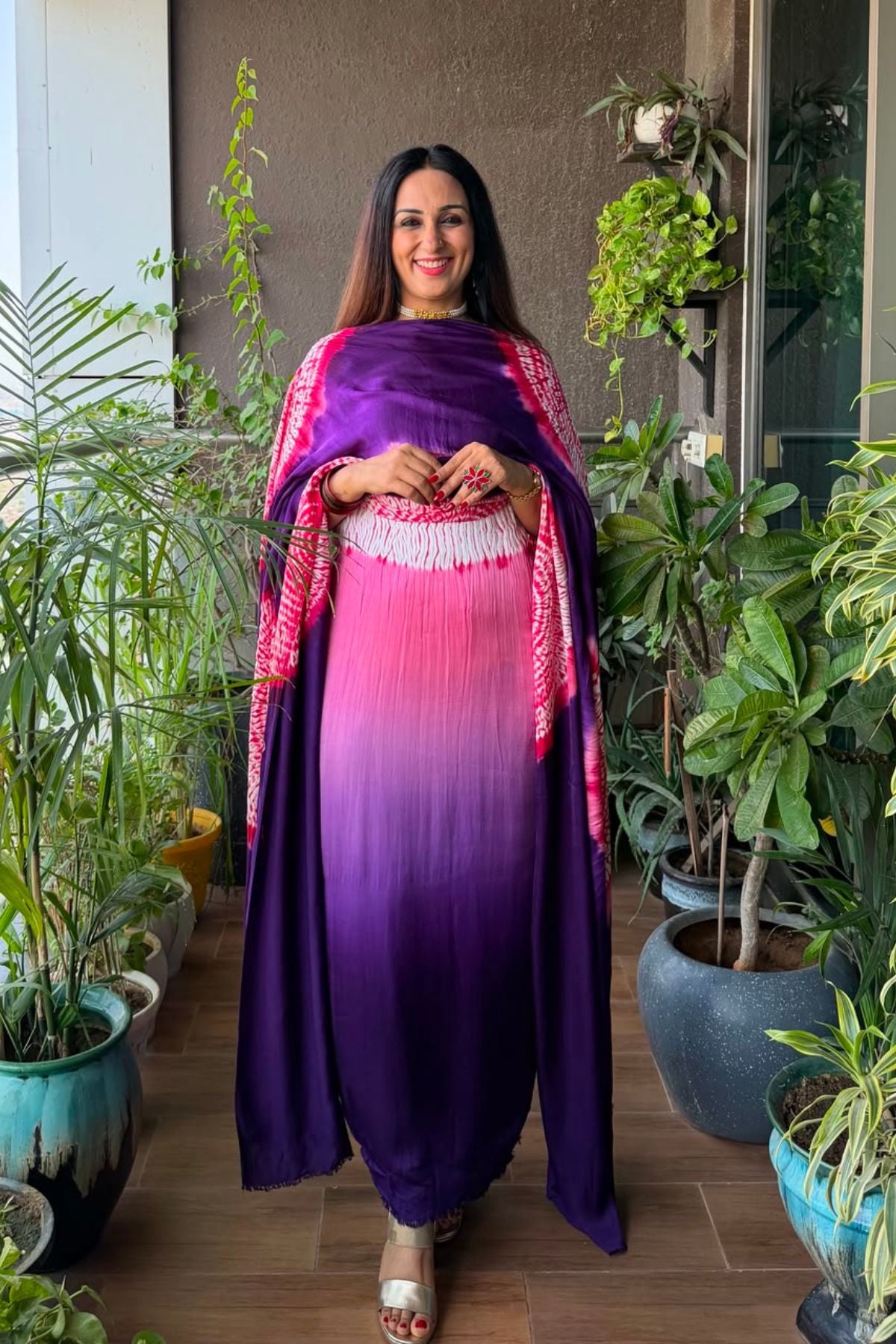 Hand Shibori on pure modal Satin-Kurta and dupatta set!!