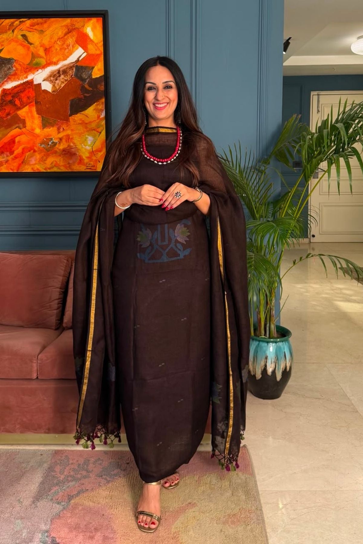 Jamdani weave kurta dupatta set on 100 count linen by linen!!