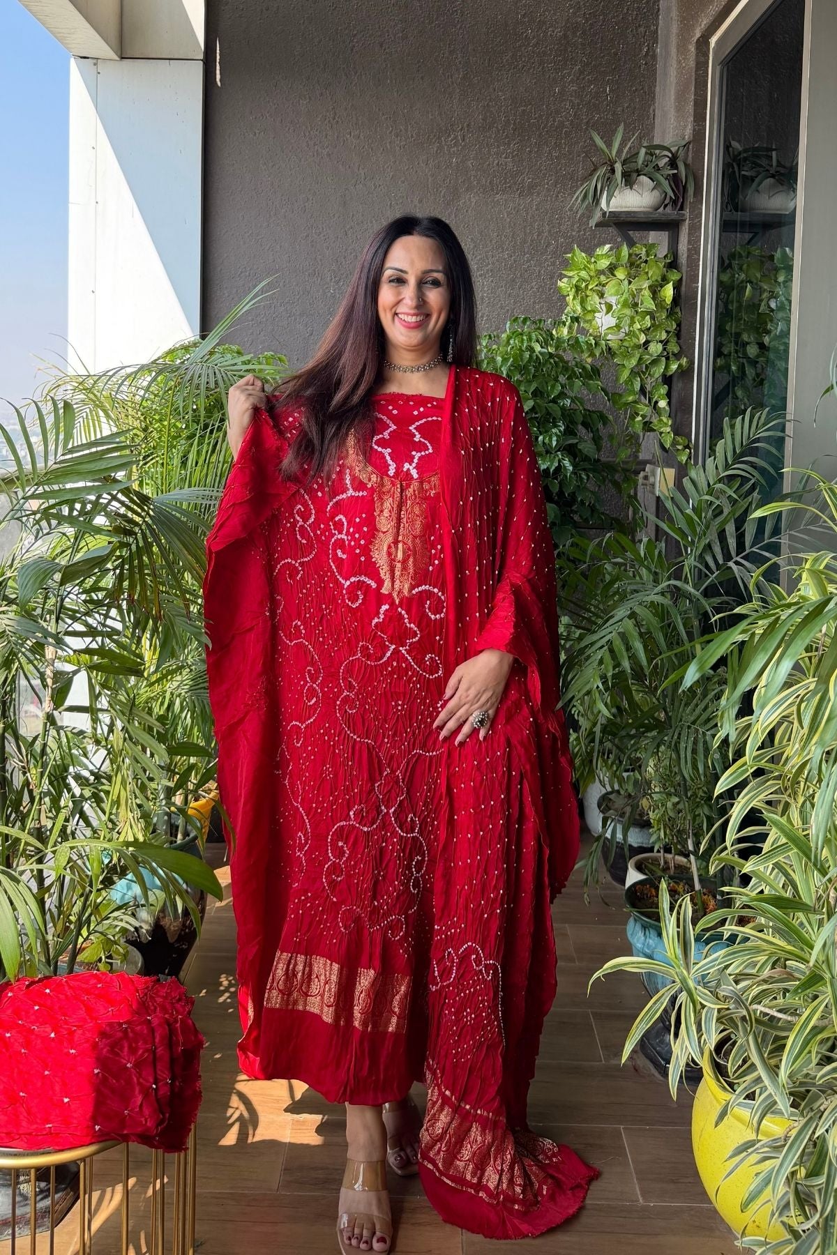 Pure modal silk full set with hand done bandhani and zari weaving!!