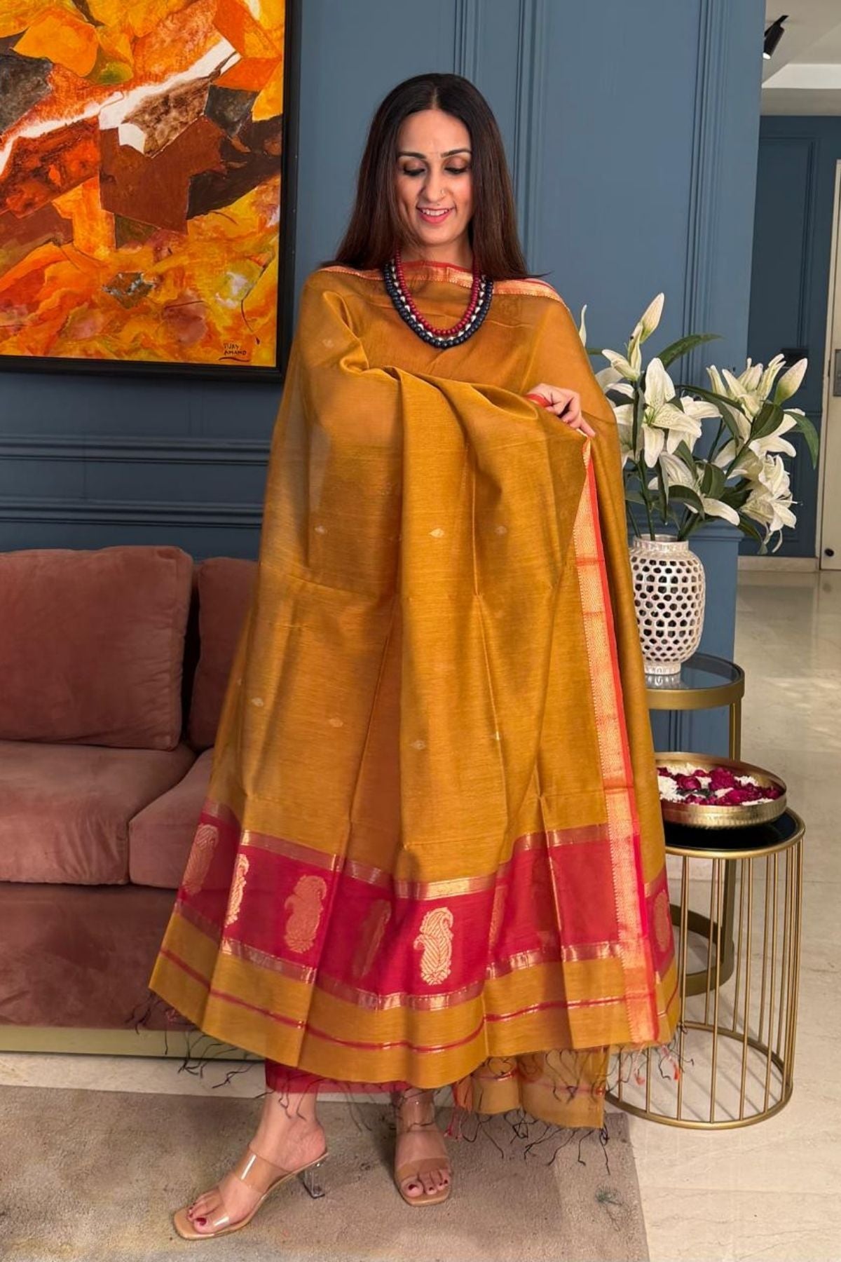 Maheshwari handloom silk by cotton kurta dupatta set