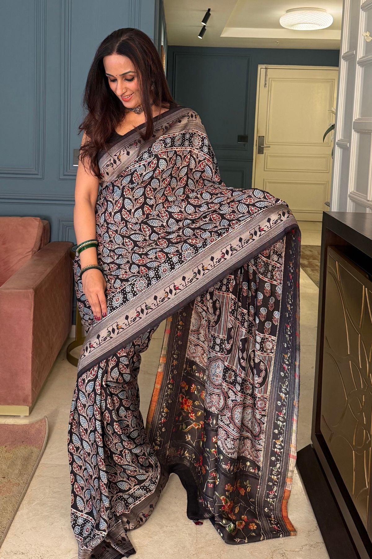 Handblocked Ajrakh with Paithani weave on pure modal saree!!