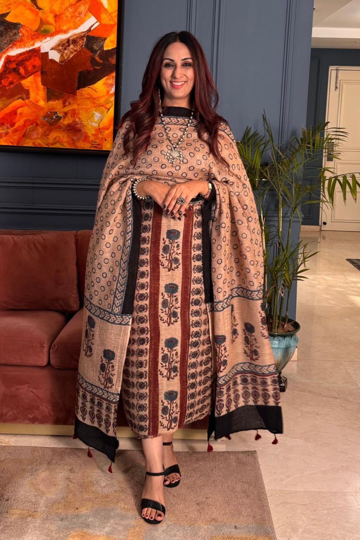 Ajrakh On Pure Linen Silk