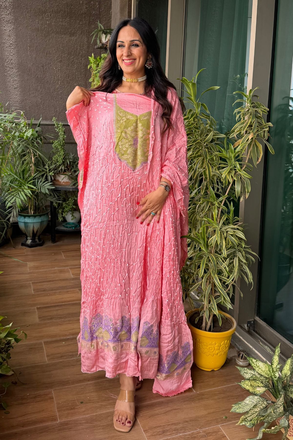Bandhani with zari work kurta dupatta set on pure modal!!