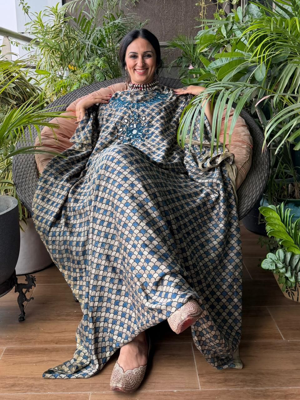 Handblocked Ajrakh on pure Chanderi with Kutch mirror work!!